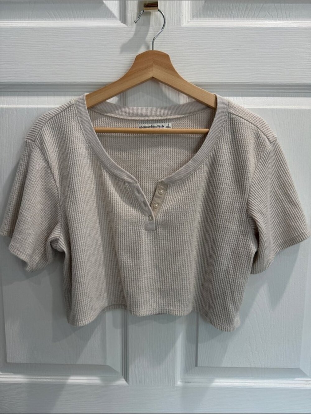Cream Waffle Henley Crop Top